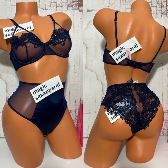 VS LUXE 36 38 DRAGON EMBROIDERY APPLIQUÉ BRA PANTY SET SATIN MESH - Picture 1 of 3